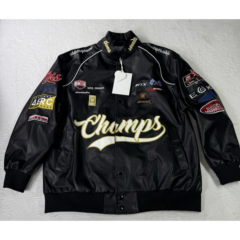 Aelfric Eden Racing Team Champs Jacket Size XS Black Faux Leather Snap Close NWT